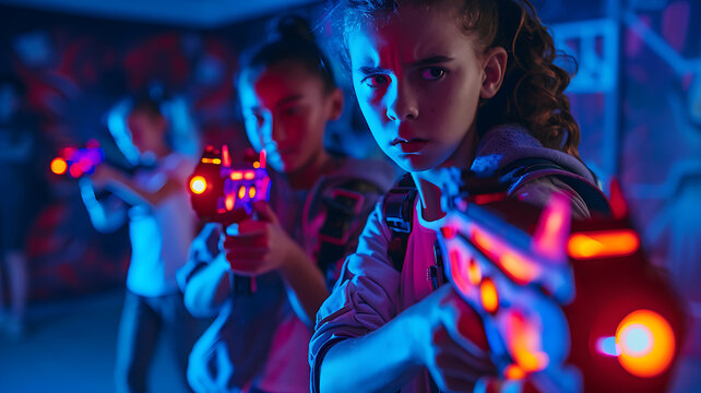 Kids playing Laser Tag. Poster with copy space.