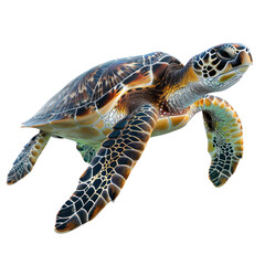 Fototapeta premium Close-up of a graceful sea turtle swimming in clear waters, showcasing its detailed shell and patterns.
