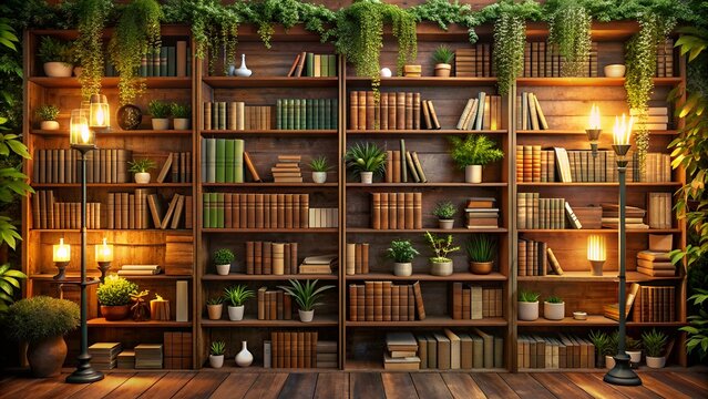 Cozy virtual background featuring a wooden bookshelf with old books, greenery, and warm lighting, perfect for e-learning, video conferencing, and social media presentations.