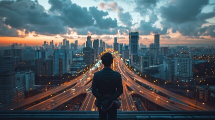 Fototapeta premium Business Figure Overlooking Sunset City Roads Showing Vision Drive Ambition and the Complex Pathways Toward Professional Success