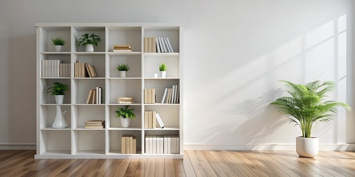 Minimalist white virtual background features a beautifully crafted wooden bookshelf with empty shelves, perfect for showcasing products, books or decorative items.