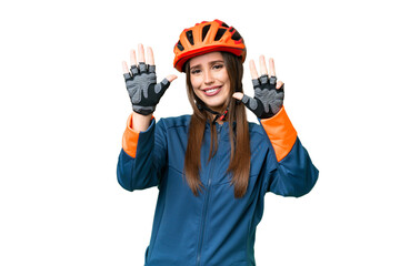 Young cyclist woman over isolated chroma key background counting nine with fingers