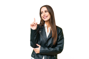 Young beautiful woman over isolated chroma key background pointing up a great idea