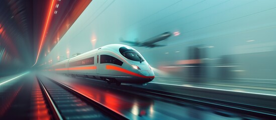 Fototapeta premium High-Speed Trains in Motion and Plane: Showcasing Convenient Transportation, Technological Advancement, and the Integration of Air and Rail for Efficient Mobility