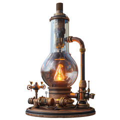 Vintage steampunk machinery with intricate metalwork, glowing light bulb, and steam emitting components, encapsulating industrial design.