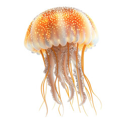 Striking image of a vividly colored jellyfish with glowing orange and white hues, isolated on a white background.