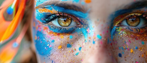 Fototapeta premium Close-up of eyes with vibrant artistic face paint blending blue, orange, and gold hues. Creative and colorful makeup photography.