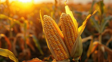 A close-up of freshly picked corn cobs with husks partially peeled back, revealing golden kernels, in a field at sunset