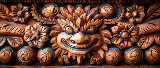 Intricate wood carving showcasing a detailed face and floral design, displaying exceptional craftsmanship and artistic finesse.