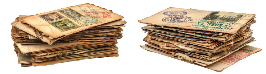 set of a stack of old-fashioned postcards with stamps on transparent background