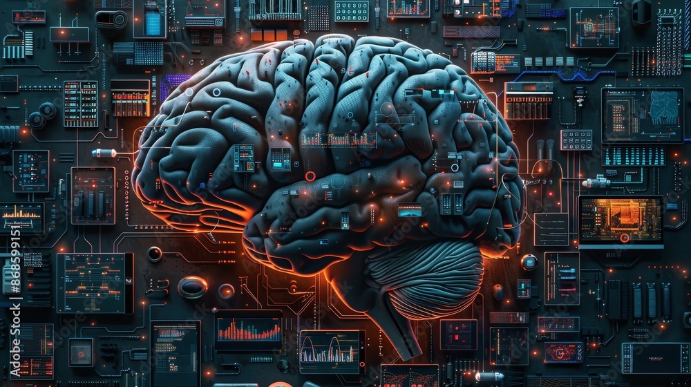 Poster futuristic illustration of a brain integrated with complex circuits and technology, representing art