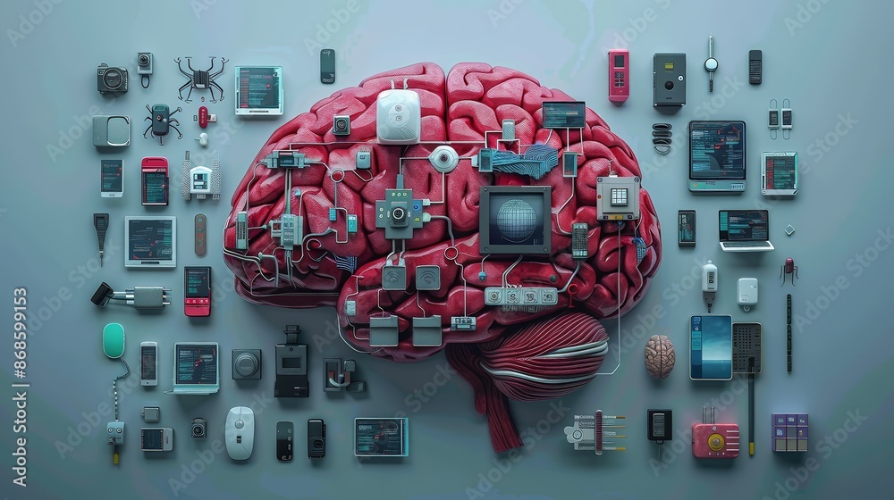 Poster hyper realistic brain composed of various interconnected digital devices, illustrating tech-driven c