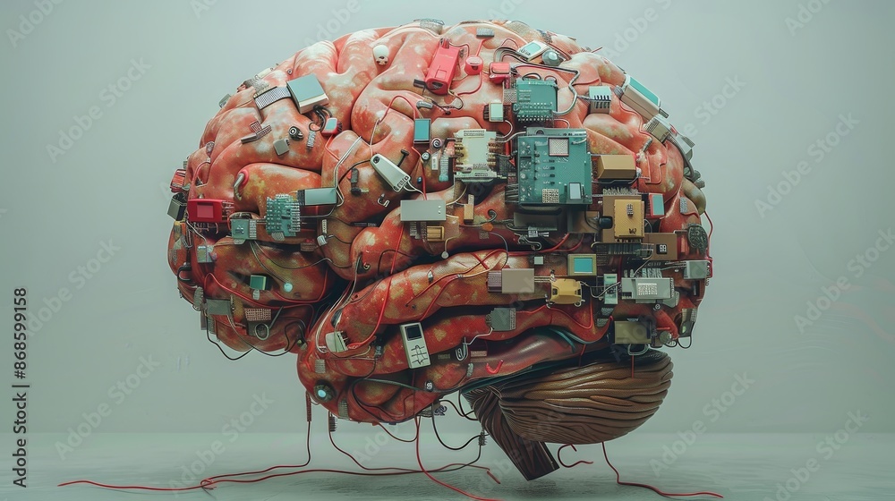 Poster hyper realistic brain composed of various interconnected digital devices, illustrating tech-driven c