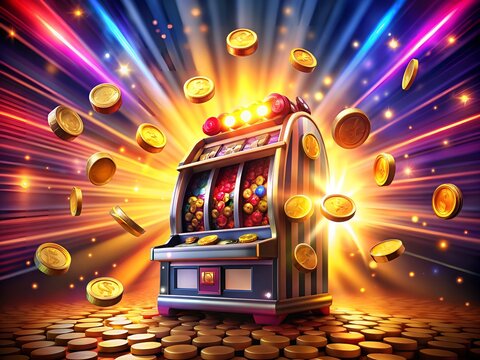 Vibrant casino slot machine with flashing lights, overflowing with tokens and coins, surrounded by shimmering curtains, in a dynamic, high-stakes gaming atmosphere.