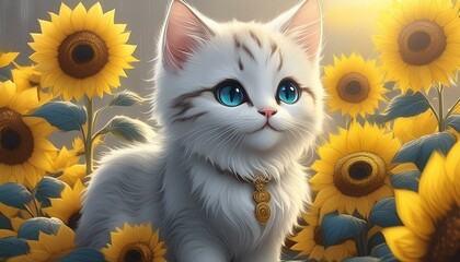 ひまわり畑の中にいる猫