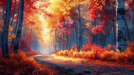 Illustration dense forest in autumn, with trees showcasing a spectrum of fall colors from deep red to bright yellow, and a winding path covered in fallen leaves.