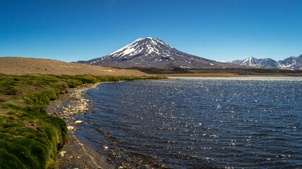  We see a beautiful landscape, of the Maipo volcano at 3300 meters high, with its cold melt waters and a unique ecosystem, full of colors and textures, Laguna del Diamante Mendoza Arg. © GUSTAVO