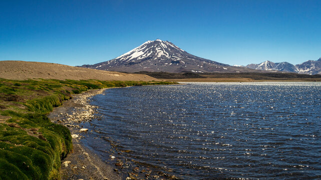 
We see a beautiful landscape, of the Maipo volcano at 3300 meters high, with its cold melt waters and a unique ecosystem, full of colors and textures, Laguna del Diamante Mendoza Arg.