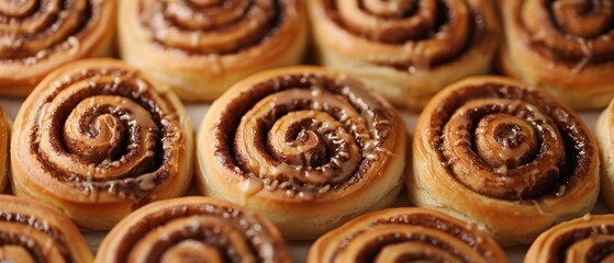 Fototapeta premium A row of cinnamon rolls with a brown glaze on top