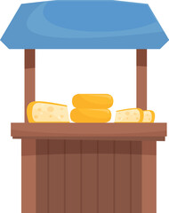 Wooden market stall with a blue awning displaying various types of cheese for sale
