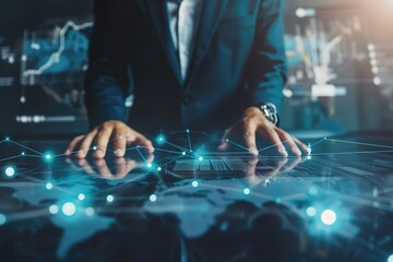 Businessman standing in office analyzing sales data and economic growth graph financial, solution analysis and development contents on table and global network connection interface background