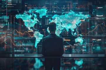 Businessman standing in office analyzing sales data and economic growth graph financial, solution analysis and development contents on table and global network connection interface background