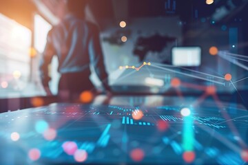 Businessman standing in office analyzing sales data and economic growth graph financial, solution analysis and development contents on table and global network connection interface background