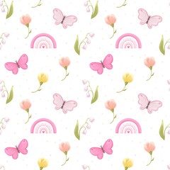 Seamless pattern flowers and butterflies paper fabric print butterflies rainbow