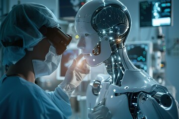 Doctor surgeon and neurologist use robotic and medical hi tech, mechanical technology diagnose and examine patient brain with intelligence software. AI, Innovation, Science and hi tech, 