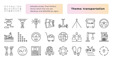 Transportation items, black line icon set, 24 simple vector signs, 48x48 px and 300x300 px pictograms, editable stroke, pixel perfect