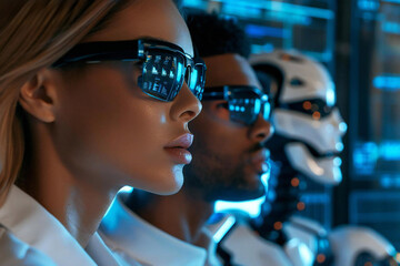 Beautiful man and woman wearing stylish eyeglasses interacting with holographic screens and AI robots while managing accounting tasks in a futuristic office setting.