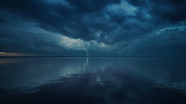 4K Aerial Shot of Lightning Storm Over Calm Lake