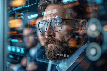 In a futuristic office setting, holographic screens display real-time financial data as a team of beautiful professionals wearing eyeglasses and a well-groomed beard work together with AI