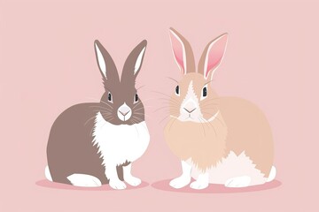 Fototapeta premium Isolated in pastel pink background, flat illustration style, with rabbits