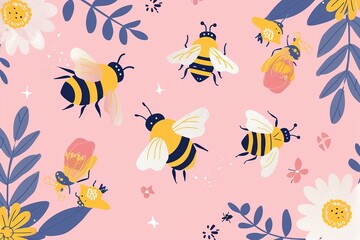 Isolated in pastel pink background, flat illustration style, with bees -