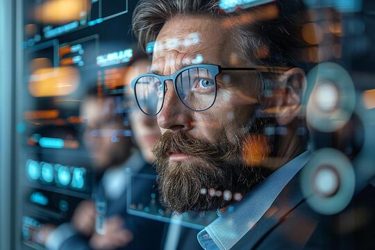 In a futuristic office setting, holographic screens display real-time financial data as a team of beautiful professionals wearing eyeglasses and a well-groomed beard work together with AI