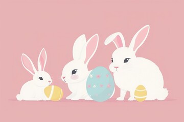 Isolated in pastel pink background, flat illustration style, with easter rabbits