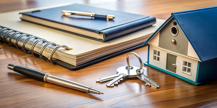 A tidy office desk holds a set of house keys, a folder with property details, and a pen, conveying a sense of successful real estate transactions.