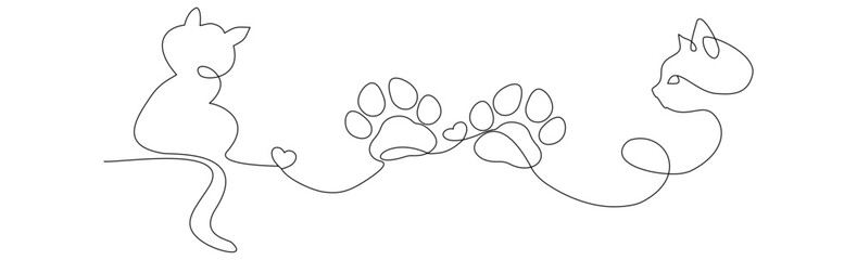 Linea continua con gatto seduto, impronte di zampa. E cuore. heart. Amore per gli animali in un semplice stile lineare, Illustrazione grafica vettoriale per Canva, presentazione, decorazione, ricamo,	