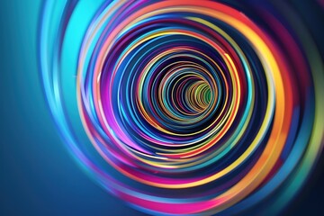 modern conceptual colorful circular lines on bright blue background, copy negative space, radial moving flow glow, optical art, 3d design