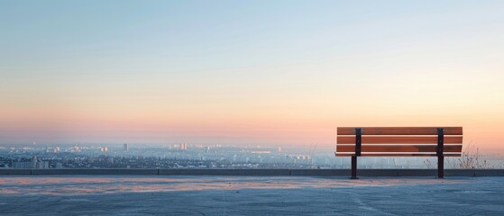 A bench is sitting on a hill overlooking a city