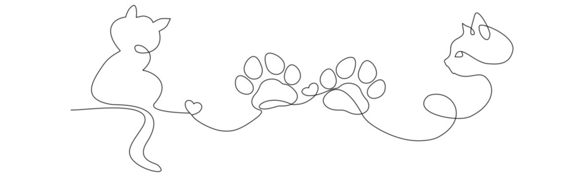 Linea continua con gatto seduto, impronte di zampa. E cuore. heart. Amore per gli animali in un semplice stile lineare, Illustrazione grafica vettoriale per Canva, presentazione, decorazione, ricamo,	