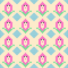 flower-shaped seamless knitted pattern Pink, green and cream