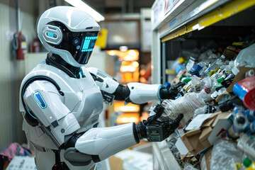 Fototapeta premium In a futuristic world, an AI-assisted garbage removal man with holographic screens on his robotic arm collects trash in a clean and efficient manner.