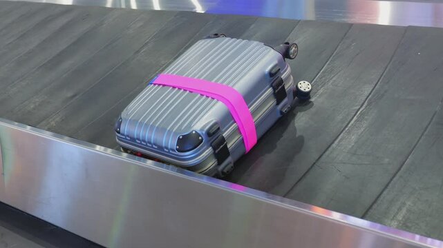 Bluish suitcase made of hard plastic, securely fastened with bright strap, glides on moving baggage carousel in reclaim hall. The camera moves parallel to conveyor