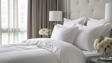 A bright and cozy bedroom with clean white pillows and bedding