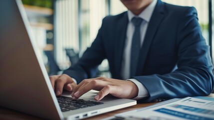 An businessman in a suit works in an office typing data into a laptop