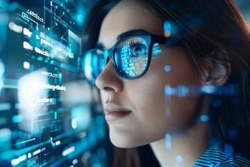 Modern holographic screens display a checklist for buying and appraising real estate, featuring beautiful persons wearing eyeglasses.