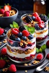 delicious layered parfait fresh berries sweet dessert indulgence, colorful, fruity, creamy, tasty, refreshing, healthy, snack, homemade, culinary, cuisine