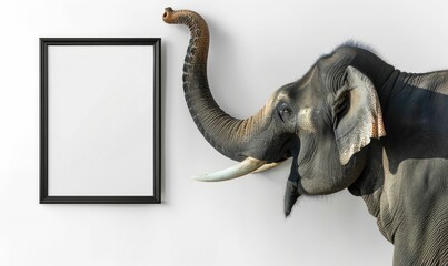 Obraz premium Elephant with Trunk Touching a Blank Frame. Generative ai